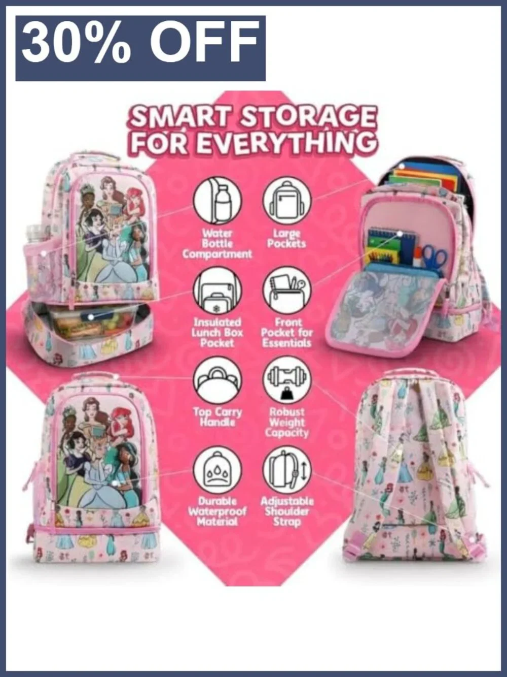 Disney Princess Kids Backpack with Lunch Box Set, School Bag for Boys & Girls